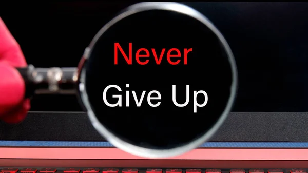 Never Give Inscription Found Magnifying Glass Black Laptop Monitor Concept — Stock Photo, Image