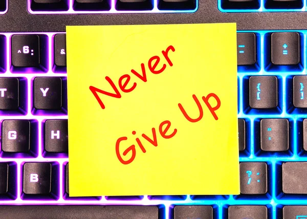 Never Give Text Written Yellow Sticker Lies Glowing Keyboardbusiness — Stock Photo, Image