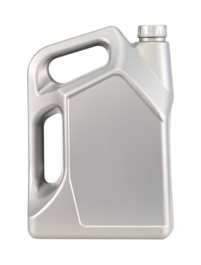 Beyaz zemin üzerinde motor yağı olan gri teneke kutu