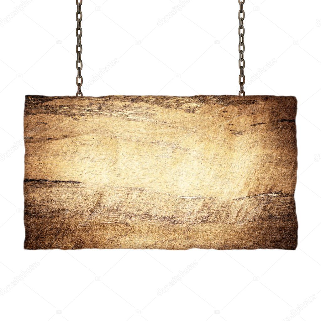 Wood sign from a chain isolated on white background