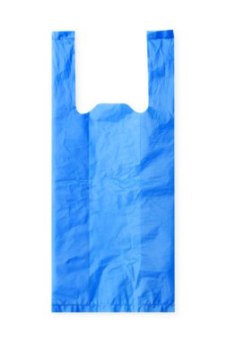 Beyaz zemin üzerine mavi plastik torba