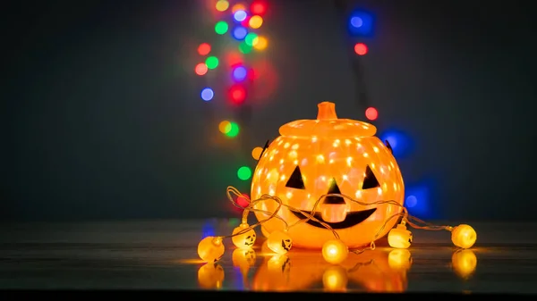 Crânio Abóbora Luzes Noturnas Assustadoras Decorações Halloween — Fotografia de Stock