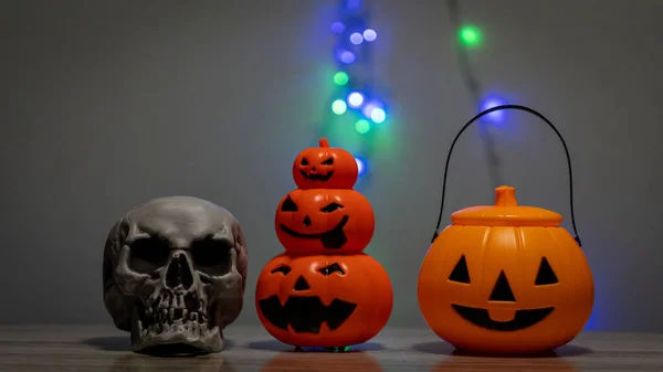 Crânio Abóbora Luzes Noturnas Assustadoras Decorações Halloween — Fotografia de Stock