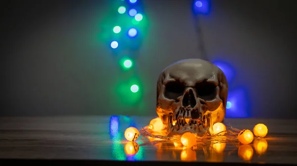 Pumpkin Skull Scary Night Lights Halloween Decorations — Stock Photo, Image