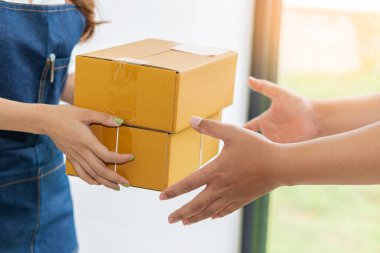 Kutuları tutan kadın girişimciler, paketleyip müşterilere satmaya hazırlanıyorlar. Çevrimiçi KOBİ iş kavramı.