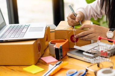 KOBİ 'ye başlayan küçük işletme girişimcisi, dizüstü bilgisayar ve kutuyla çalışan genç Asyalı kadın. Çevrimiçi pazar yeri, KOBİ 'nin e-ticaret satış konsepti ve dağıtımını doldurdu.