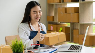 Küçük bir işletmenin portresi, KME Sahibi, Asyalı Kadın Girişimci Fatura kutuları üzerinde çalışır ve kutuları hazırlamak için çevrimiçi siparişleri işaretler. Müşterilere satıyorum. Çevrimiçi KOBİ iş fikri.