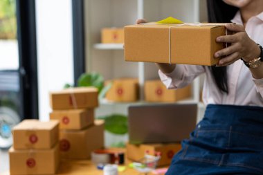 Küçük işletme, KOBİ, serbest meslek, akıllı telefon, laptop, çevrimiçi, pazarlama, ambalaj, nakliye, KOBİ, e-ticaret ve dağıtım konseptiyle ev portresi üzerinde çalışan genç bir kadın..