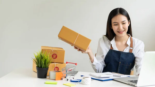 Joven Mujer Asiática Emprendedora Propietaria Negocio Que Trabaja Con Computadoras — Foto de Stock