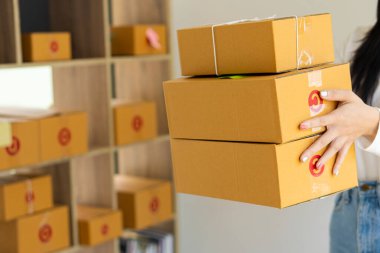 Bağımsız Girişimci Kadın Paketler Taşıyor KOBİ Teslimat Şirketi Girişimcileri Küçük İş Sahipleri ve Ürün Teması Çevrimiçi Pazarlama Fikirleri