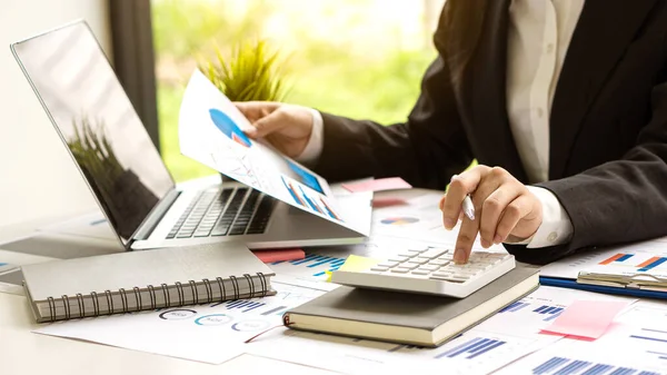 Businessman Pressing His Finger Calculator Calculate Expenses Finance Calculating Tax — Stock Photo, Image