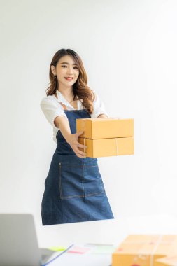 Asyalı kadın küçük bir KOBİ işine başlıyor. Kutular ve dizüstü bilgisayarlar üzerinde çalışıyor. Nakliye için paketler hazırlıyor. Evden çalışma, paket toplama, kutuları dikey sırayla paketleme kavramı.