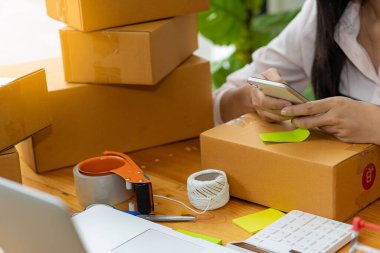 Dijital çevrimiçi iş bir çevrimiçi mağaza için küçük bir başlangıç. Karton kutular ve dizüstü bilgisayarlarla çalışan genç, bağımsız bir Asya KOBİ konsepti. çevrimiçi alışveriş