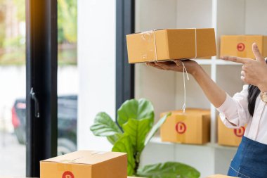 Evde kutu ve dizüstü bilgisayarla çalışan genç bir kadın çevrimiçi iş konsepti paketleri teslim etmeye hazır müşterilerden emir alıyor.