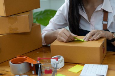 Evde kutu ve dizüstü bilgisayarla çalışan genç bir kadın çevrimiçi iş konsepti paketleri teslim etmeye hazır müşterilerden emir alıyor.