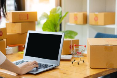 Evde kutu ve dizüstü bilgisayarla çalışan genç bir kadın çevrimiçi iş konsepti paketleri teslim etmeye hazır müşterilerden emir alıyor.