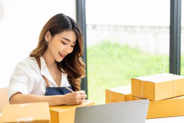 Küçük işletme girişimcisi, KOBİ ya da evde kutular ve dizüstü bilgisayarlarla, çevrimiçi satış fikirleri, e-ticaret, nakliyat, paketleme, çevrimiçi pazarlama ve nakliyat ile çalışan Asyalı serbest çalışan bir kadın kurmak.