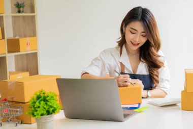 Küçük işletme girişimcisi, KOBİ ya da evde kutular ve dizüstü bilgisayarlarla, çevrimiçi satış fikirleri, e-ticaret, nakliyat, paketleme, çevrimiçi pazarlama ve nakliyat ile çalışan Asyalı serbest çalışan bir kadın kurmak.