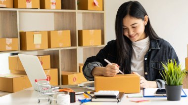 Küçük işletme girişimcisi, KOBİ ya da evde kutular ve dizüstü bilgisayarlarla, çevrimiçi satış fikirleri, e-ticaret, nakliyat, paketleme, çevrimiçi pazarlama ve nakliyat ile çalışan Asyalı serbest çalışan bir kadın kurmak.