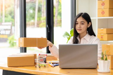 Küçük işletme girişimcisi, KOBİ ya da evde kutular ve dizüstü bilgisayarlarla, çevrimiçi satış fikirleri, e-ticaret, nakliyat, paketleme, çevrimiçi pazarlama ve nakliyat ile çalışan Asyalı serbest çalışan bir kadın kurmak.