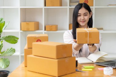 Küçük işletme girişimcisi, KOBİ ya da evde kutular ve dizüstü bilgisayarlarla, çevrimiçi satış fikirleri, e-ticaret, nakliyat, paketleme, çevrimiçi pazarlama ve nakliyat ile çalışan Asyalı serbest çalışan bir kadın kurmak.