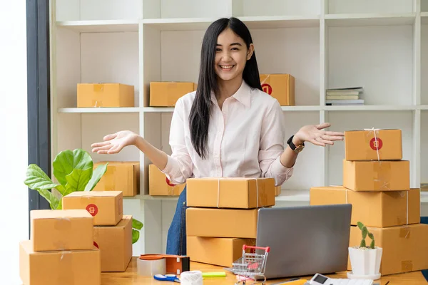 Küçük işletme girişimcisi, KOBİ ya da evde kutular ve dizüstü bilgisayarlarla, çevrimiçi satış fikirleri, e-ticaret, nakliyat, paketleme, çevrimiçi pazarlama ve nakliyat ile çalışan Asyalı serbest çalışan bir kadın kurmak.