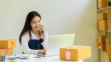Küçük işletme, KME girişimi, kutularla çalışan Asyalı kadın girişimcilerin sahibi ve ürün kutularını hazırlamak için akıllı telefon veya dizüstü bilgisayar kullanımı ve çevrimiçi siparişleri kontrol etmek. İnternetten satış fikirleri sat..