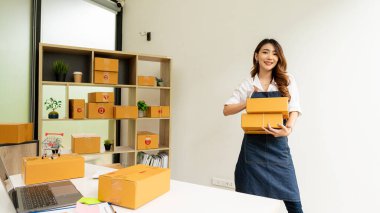 Küçük işletme, KME girişimi, kutularla çalışan Asyalı kadın girişimcilerin sahibi ve ürün kutularını hazırlamak için akıllı telefon veya dizüstü bilgisayar kullanımı ve çevrimiçi siparişleri kontrol etmek. İnternetten satış fikirleri sat..