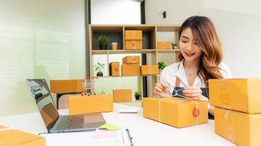 Küçük işletme, KME girişimi, kutularla çalışan Asyalı kadın girişimcilerin sahibi ve ürün kutularını hazırlamak için akıllı telefon veya dizüstü bilgisayar kullanımı ve çevrimiçi siparişleri kontrol etmek. İnternetten satış fikirleri sat..