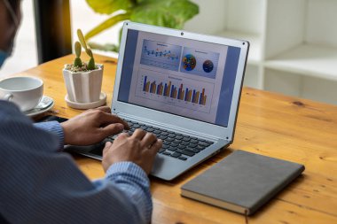Businessman working on the laptop with graphs to analyze financial data with tiger skin on mobile.
