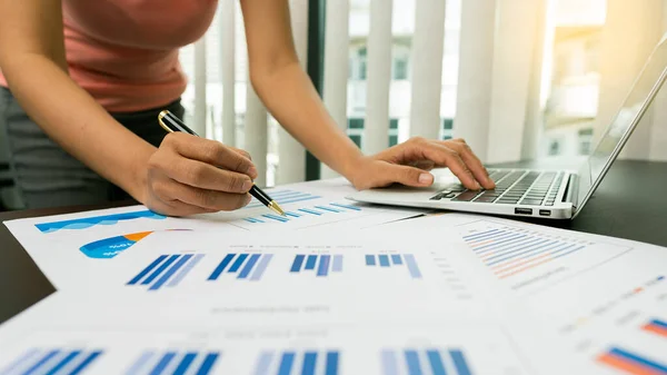 Businessman Holding Profitability Statistics Analysis Pen Graph Document Hand Calculator — Stock Photo, Image