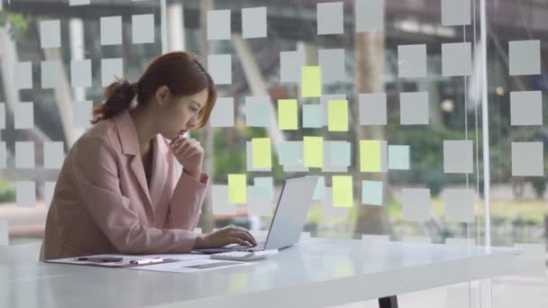 Uma Jovem Mulher Trabalhando Com Laptop Uma Loja Café Ideia — Vídeo de Stock
