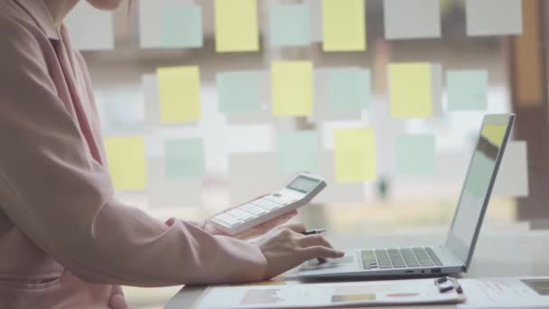 Молодая Женщина Работающая Ноутбуком Кофейне Бизнес Идея Финансовая Девушка Бухгалтер — стоковое видео
