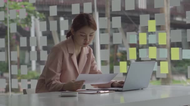 喫茶店でノートパソコンの仕事をしている若い女性金融の女の子会計士 — ストック動画