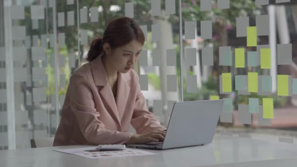 Uma Jovem Mulher Trabalhando Com Laptop Uma Loja Café Ideia — Vídeo de Stock