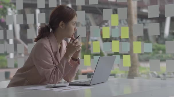 Een Jonge Vrouw Werkt Met Een Laptop Een Coffeeshop Business — Stockvideo
