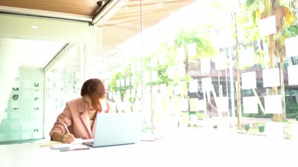 Una Mujer Joven Que Trabaja Con Ordenador Portátil Una Cafetería — Vídeos de Stock