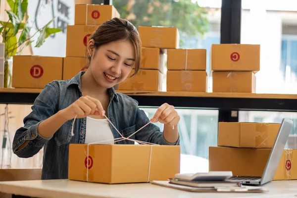 Küçük bir işletmenin portresi, KOBİ sahibi, bayan girişimci Asyalı kız kutular ve dizüstü bilgisayarlar üzerinde çalışıyor, müşterilere satılacak kutular için çevrimiçi siparişleri kontrol ediyor. Çevrimiçi KOBİ iş fikri.