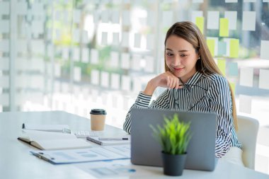 Bir iş analisti ya da muhasebeci mali belgeleri hesaplar ve inceler. Asyalı iş kadını dizüstü bilgisayarla tasarruf, finans ve ekonomi kavramını hesaplıyor.