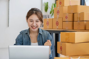 Küçük bir işletmenin portresi, KOBİ sahibi, bayan girişimci kutular ve dizüstü bilgisayarlar üzerinde çalışıyor, kutuları hazırlamak için online siparişleri işaretleyin. Müşterilere satıyorum. Çevrimiçi KOBİ iş fikri.