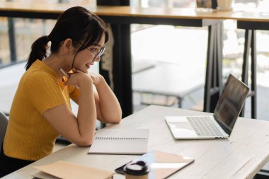 Asyalı kadınlar masadaki dizüstü bilgisayarlar, bilgisayarlar ve kaplan derileriyle çalışırlar. Küçük işletme sahipleri, çalışanlar, çevrimiçi, serbest, KOBİ pazarlama, e-Ticaret, finans, ofis pazarlama fikirleri.