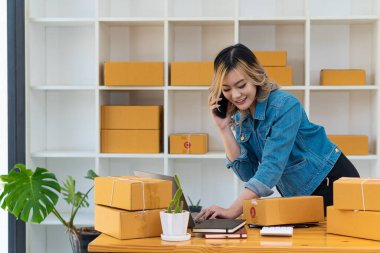 Genç İş Sahipleri Ev Sahipleri Çevrimiçi İş Fikirleri Girişimcilik Küçük İş KOBİ, kargo ürünlerine kutu hazırlamak için dizüstü bilgisayarlar kullanır ve kontrol eder. Satışlar