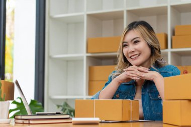 Genç İş Sahipleri Ev Sahipleri Çevrimiçi İş Fikirleri Girişimcilik Küçük İş KOBİ, kargo ürünlerine kutu hazırlamak için dizüstü bilgisayarlar kullanır ve kontrol eder. Satışlar