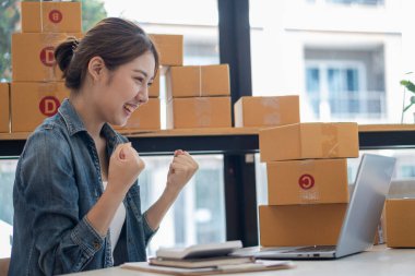 Genç İş Sahipleri Ev Sahipleri Çevrimiçi İş Fikirleri Girişimcilik Küçük İş KOBİ, kargo ürünlerine kutu hazırlamak için dizüstü bilgisayarlar kullanır ve kontrol eder. Satışlar