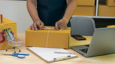 Girişimci, küçük işletme, KOBİ, evden çalışan bağımsız bir adam. Ticari denetimler için bir dizüstü bilgisayar kullanın. Çevrimiçi pazarlama paketleme kutusu, KME satıcısı, konsept, e-ticaret ekibi çevrimiçi satışlar