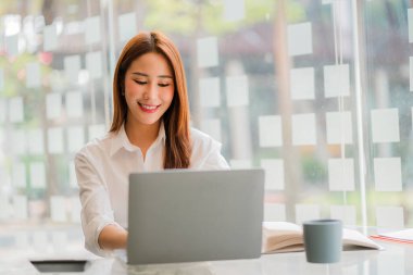 Asyalı iş kadını, matematik, vergi, muhasebe, istatistiksel raporlar ve analitik araştırma fikirlerinden para kazanmak için dizüstü bilgisayarını kullanıyor. Modern ofis gayrimenkul yatırım bilgileri