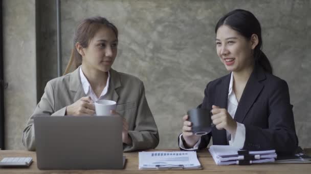 Bizneswoman Omawiając Projekt Klienta Dwie Młode Azjatki Spotykają Się Rozmawiają — Wideo stockowe