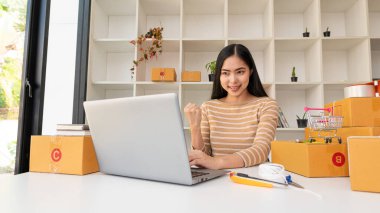 KOBİ Girişim Fikirleri, Genç Girişimciler, küçük işletme sahipleri evde dizüstü bilgisayar ve kutu paketleme ve teslimat durumuyla çalışıyorlar. Küçük işletme sahibi kadın malları kutulara koyuyor.