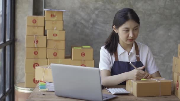 Girişimciler Küçük Işletme Kobi Asyalı Kadın Yeni Müşterinin Kutu Dizüstü — Stok video
