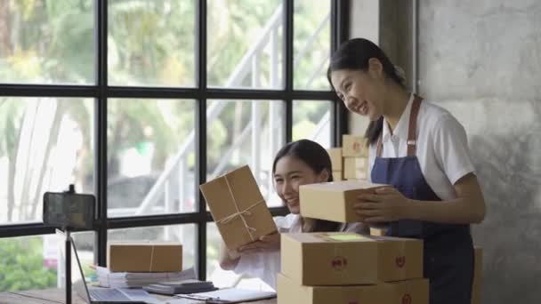 Iniciar Uma Pme Pequeno Empresário Mulheres Asiáticas Independentes Usando Laptop — Vídeo de Stock